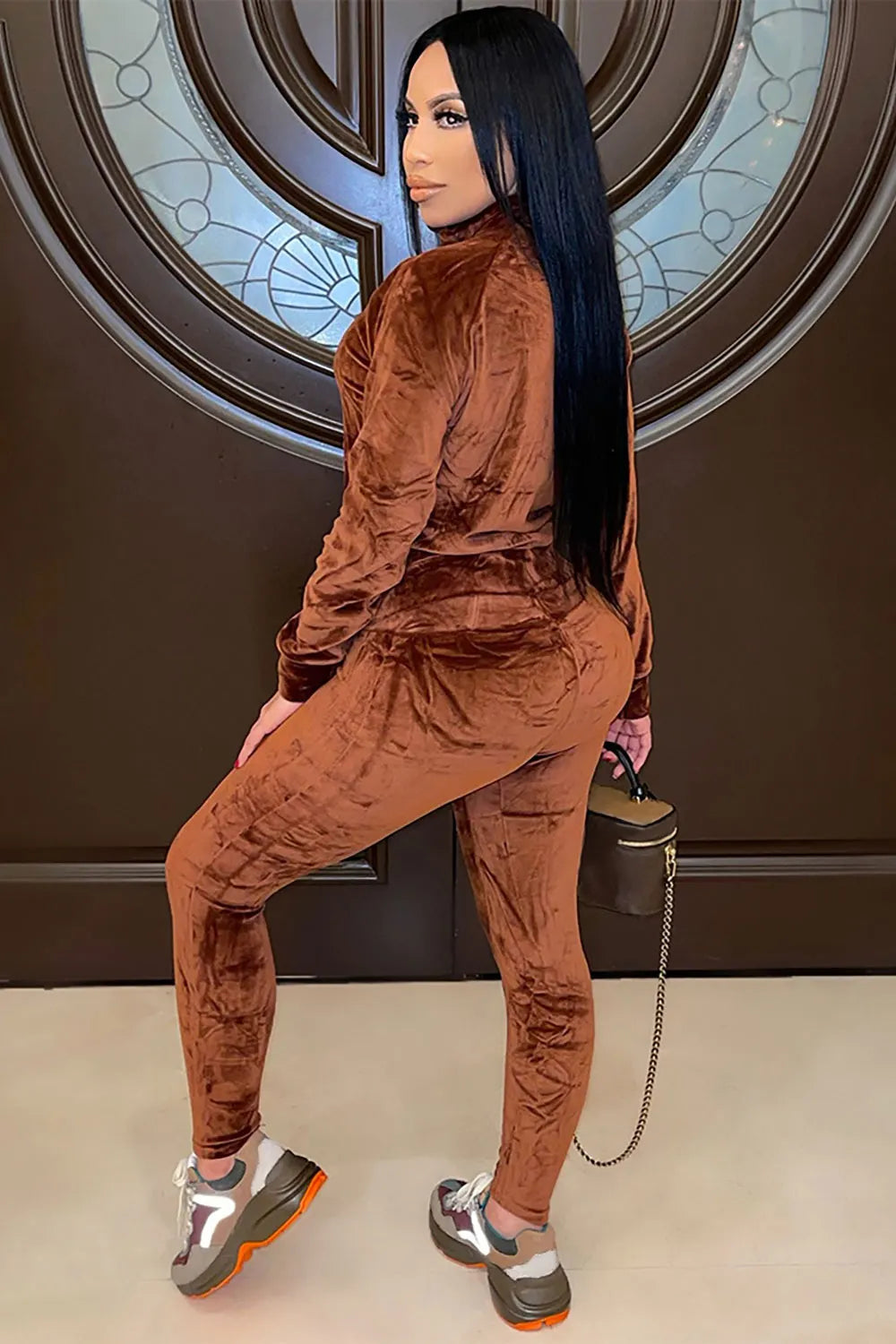 Velvet Solid Color Zipper Track Jacket Skinny Pants Matching Set-Green