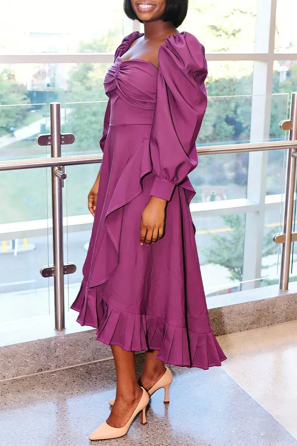Elegant Pleated Ruffle Square Neck Dress