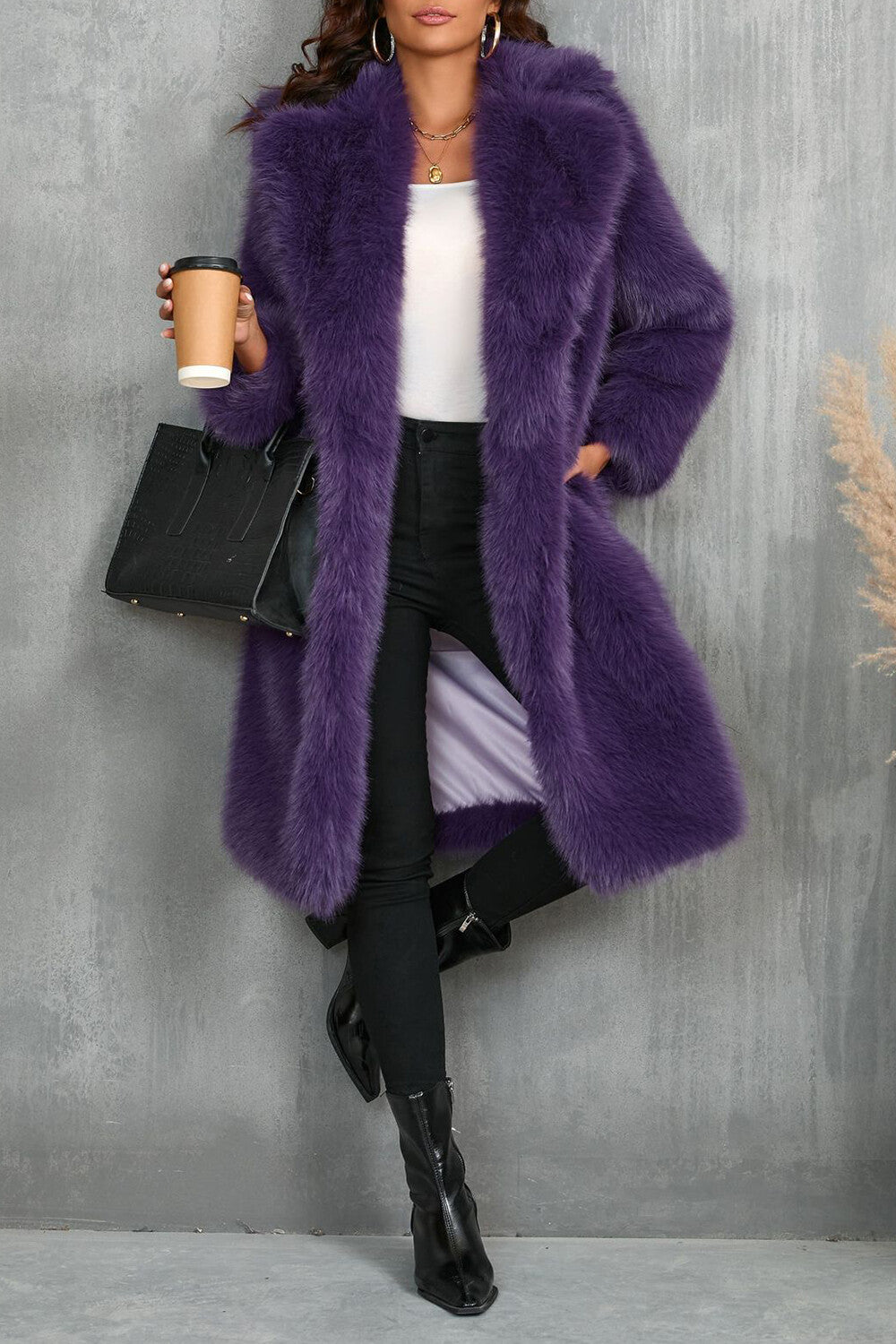 Notch Collar Long Sleeve Faux Fur Fuzzy Overcoat-Camel