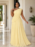 Sloping Shoulder Ruched Sleeveless Chiffon Evening Gowns Maxi Dresses