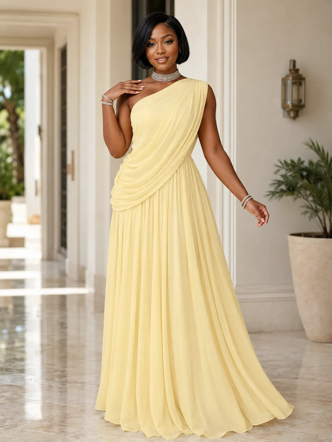 Sloping Shoulder Ruched Sleeveless Chiffon Evening Gowns Maxi Dresses
