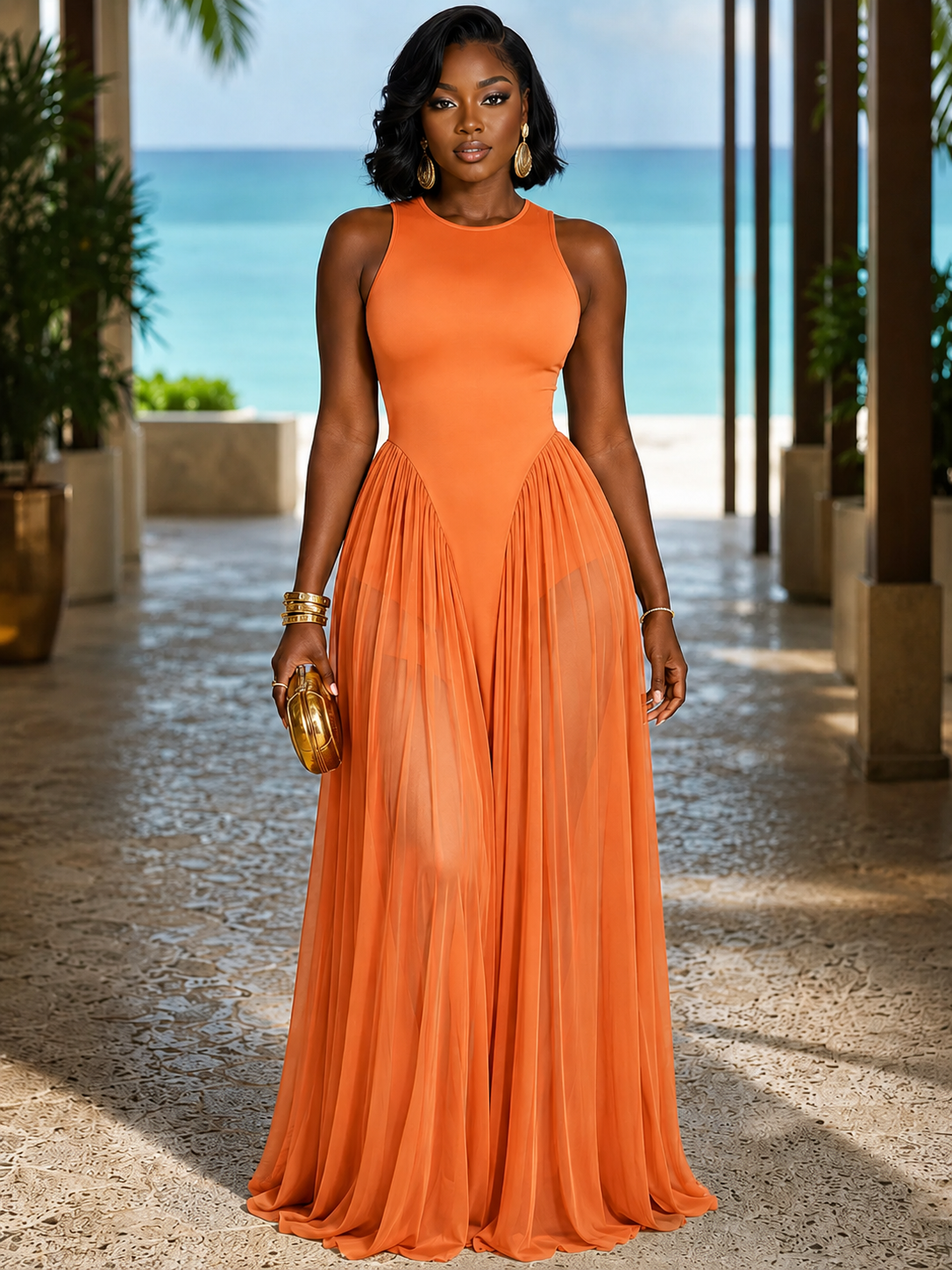 Round Neck Sleeveless Mesh Patchwork Cinch Waist Vacation Maxi Dresses-Green