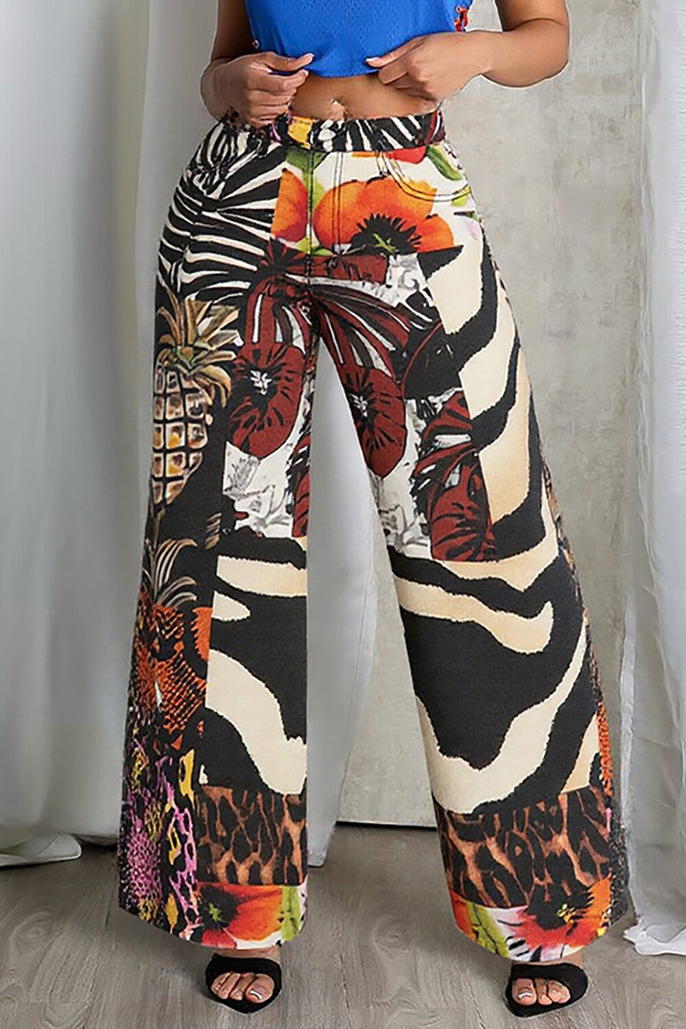 Fruits Animal Mixed Print Wide Leg Casual Pants-Black