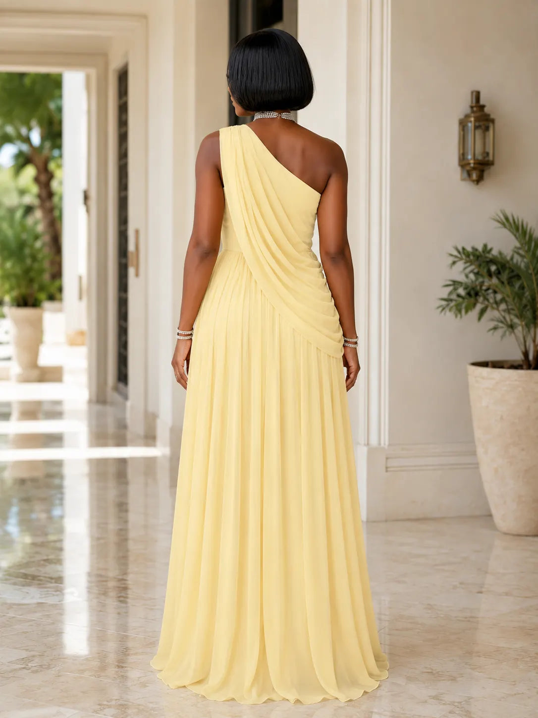 Sloping Shoulder Ruched Sleeveless Chiffon Evening Gowns Maxi Dresses