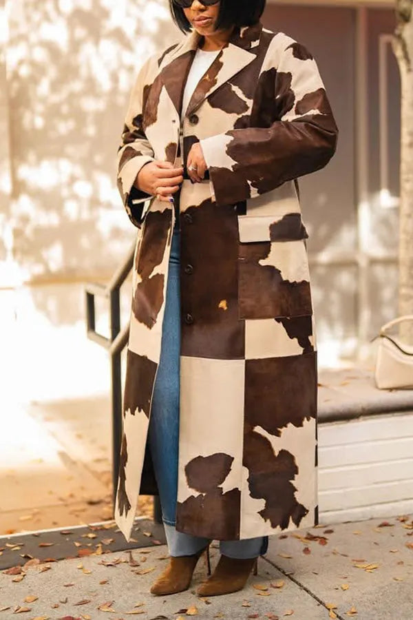 Stylish Lapel Neck Cow Print Coat