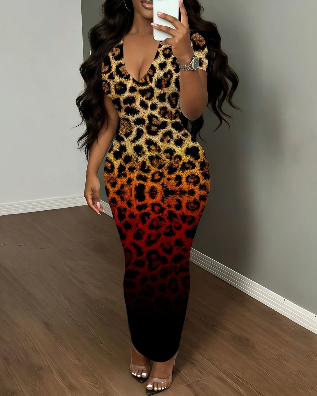 Women's V-neck Gradient Leopard Hip Maxi Dress