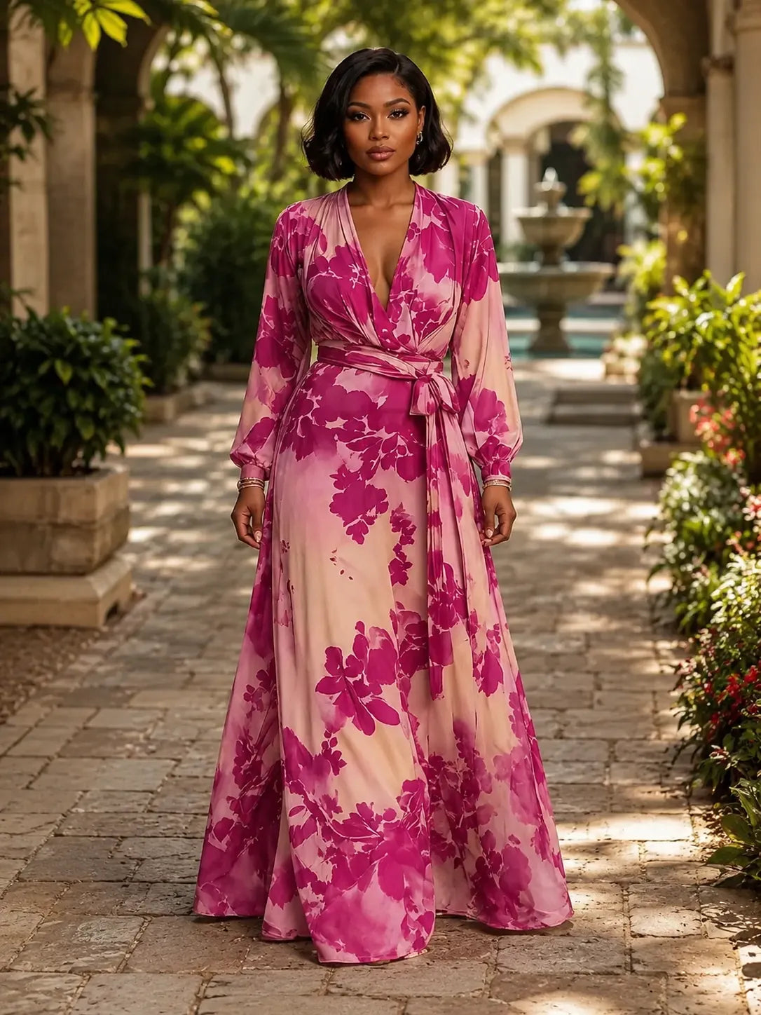 Floral Print Long Sleeve Sash Belted Wrapped Vacation Maxi Dresses-Fuchsia