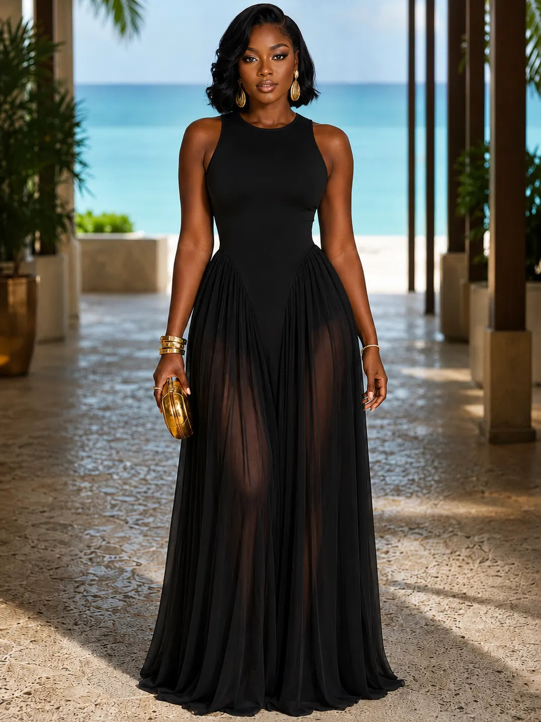 Round Neck Sleeveless Mesh Patchwork Cinch Waist Vacation Maxi Dresses-Green