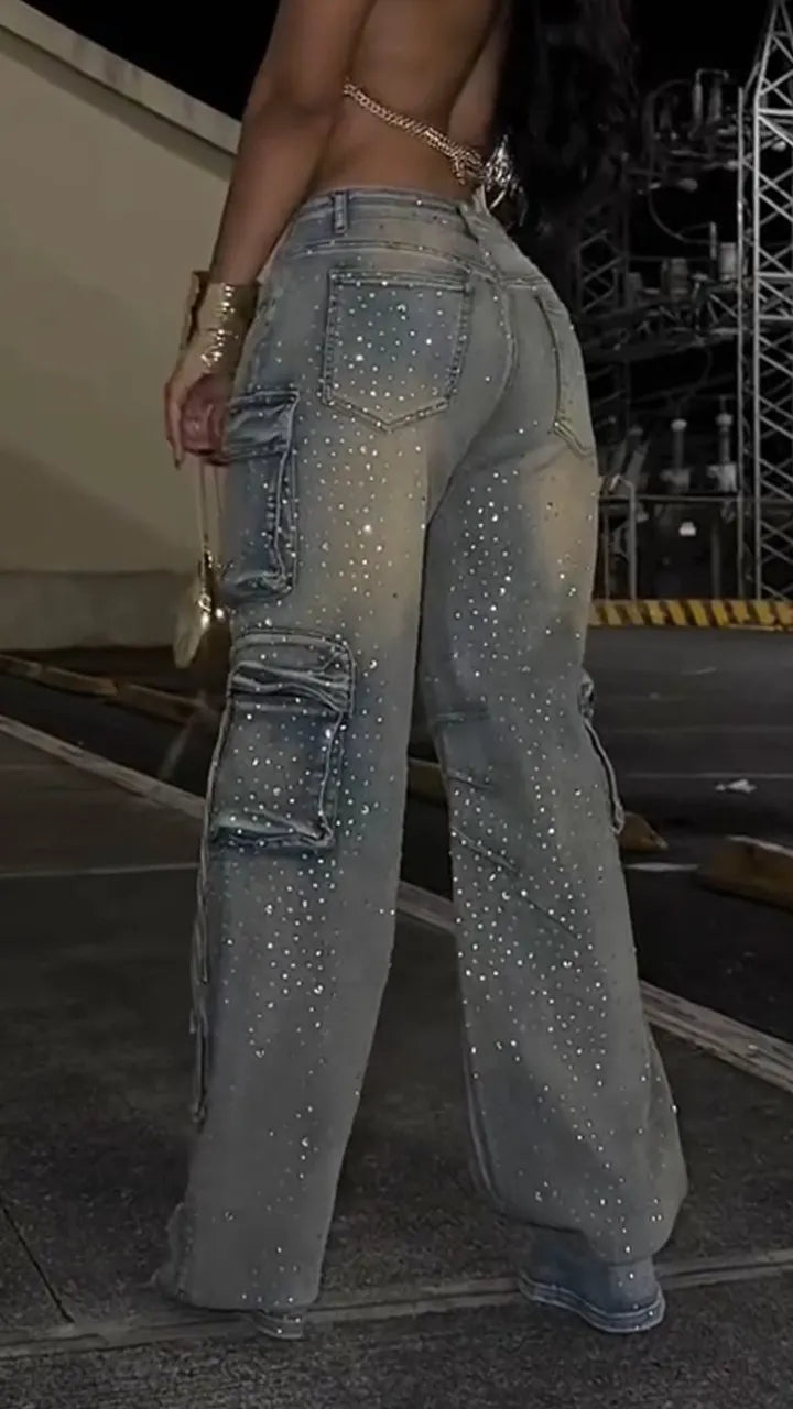 Women's Multi-pocket Cargo Jeans with Rhinestone Embellishments