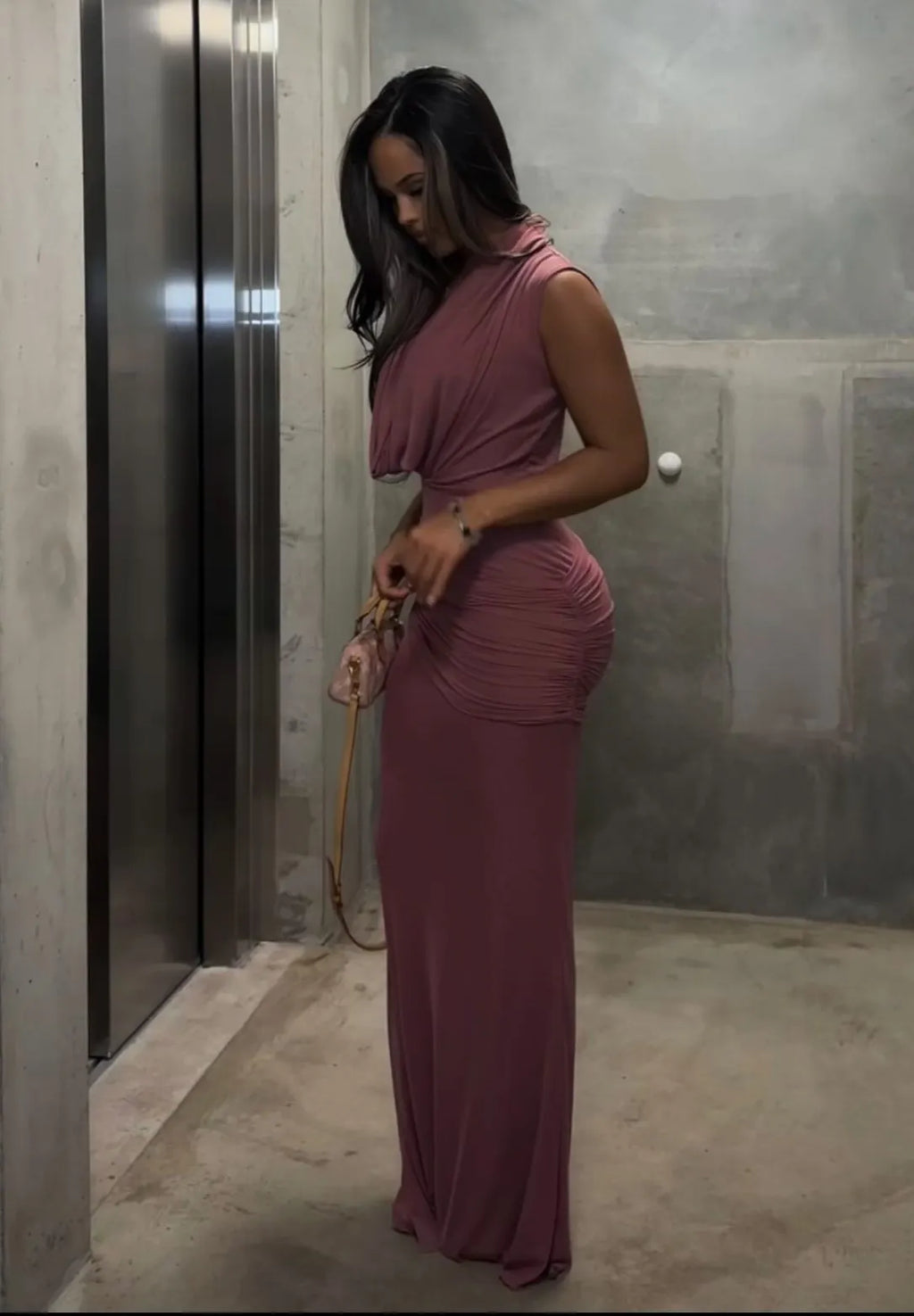 Draped Neck Sleeveless Ruched Waist Bodycon Maxi Dress