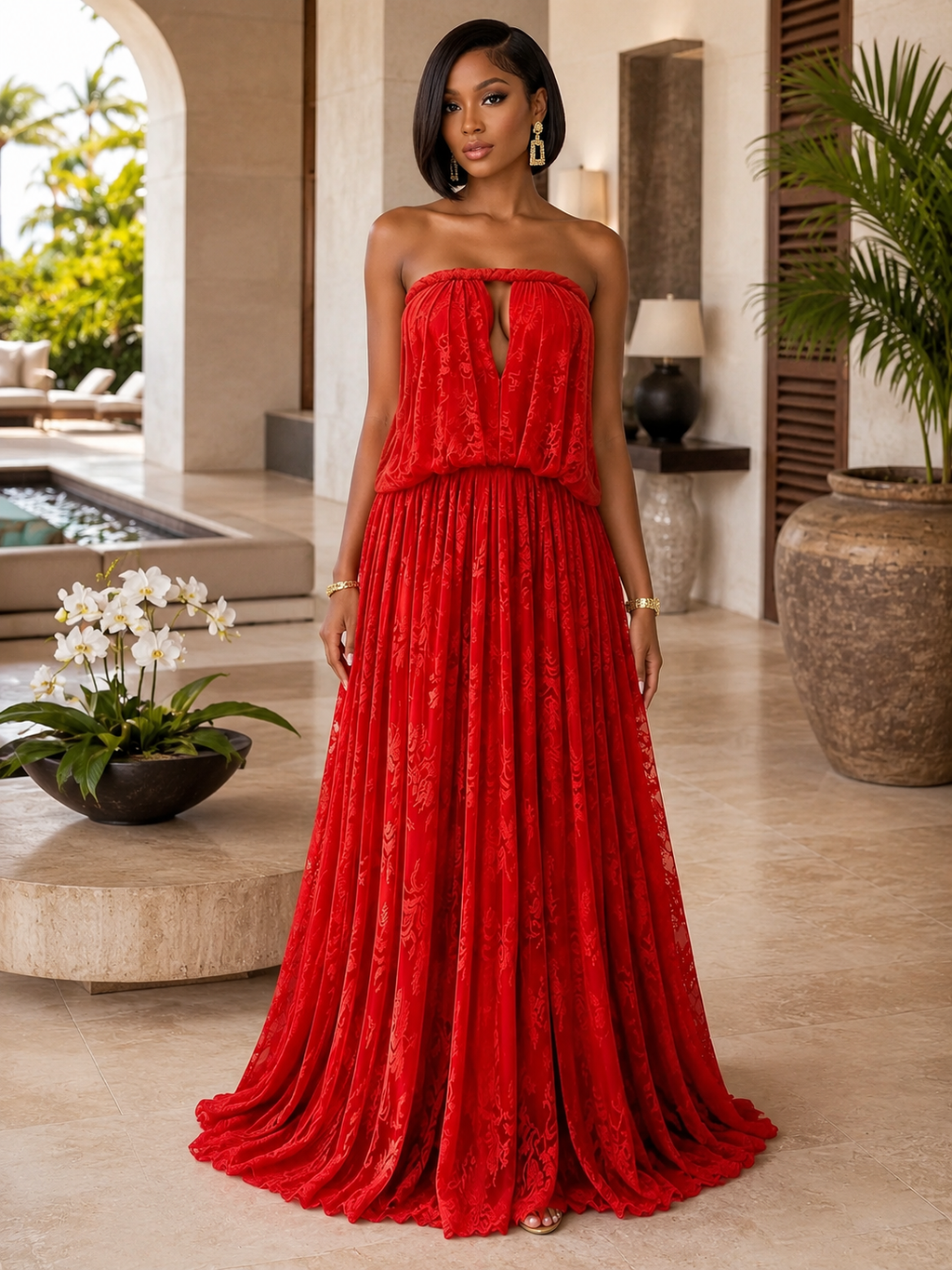 Strapless Cut Out Lace Ruffle Hem Loose Fit Maxi Dresses