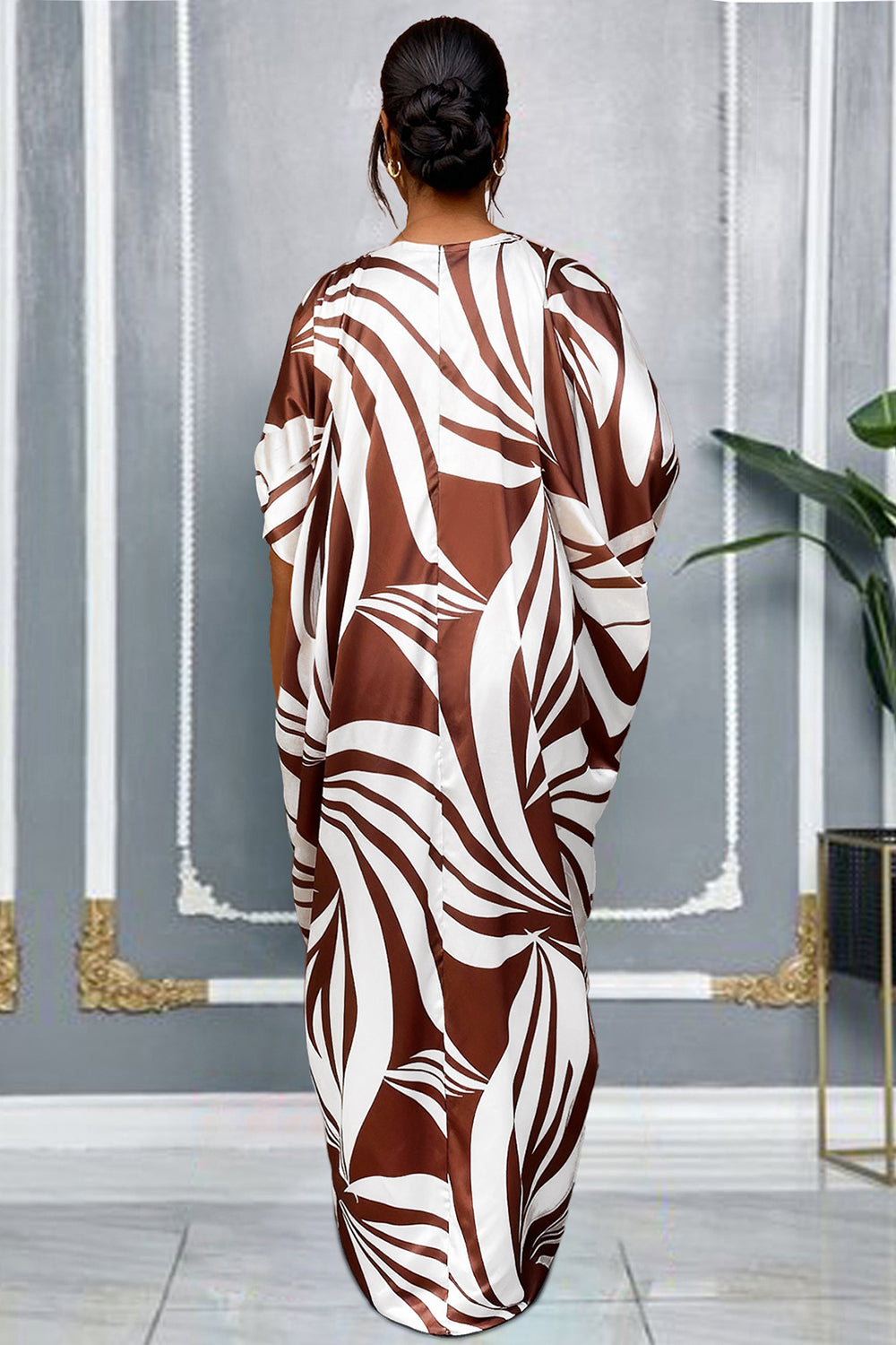 All Over Print Half Sleeve Ruched Top Elastic Waist Pants Matching Set-Brown