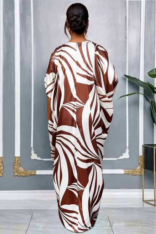 All Over Print Half Sleeve Ruched Top Elastic Waist Pants Matching Set-Brown