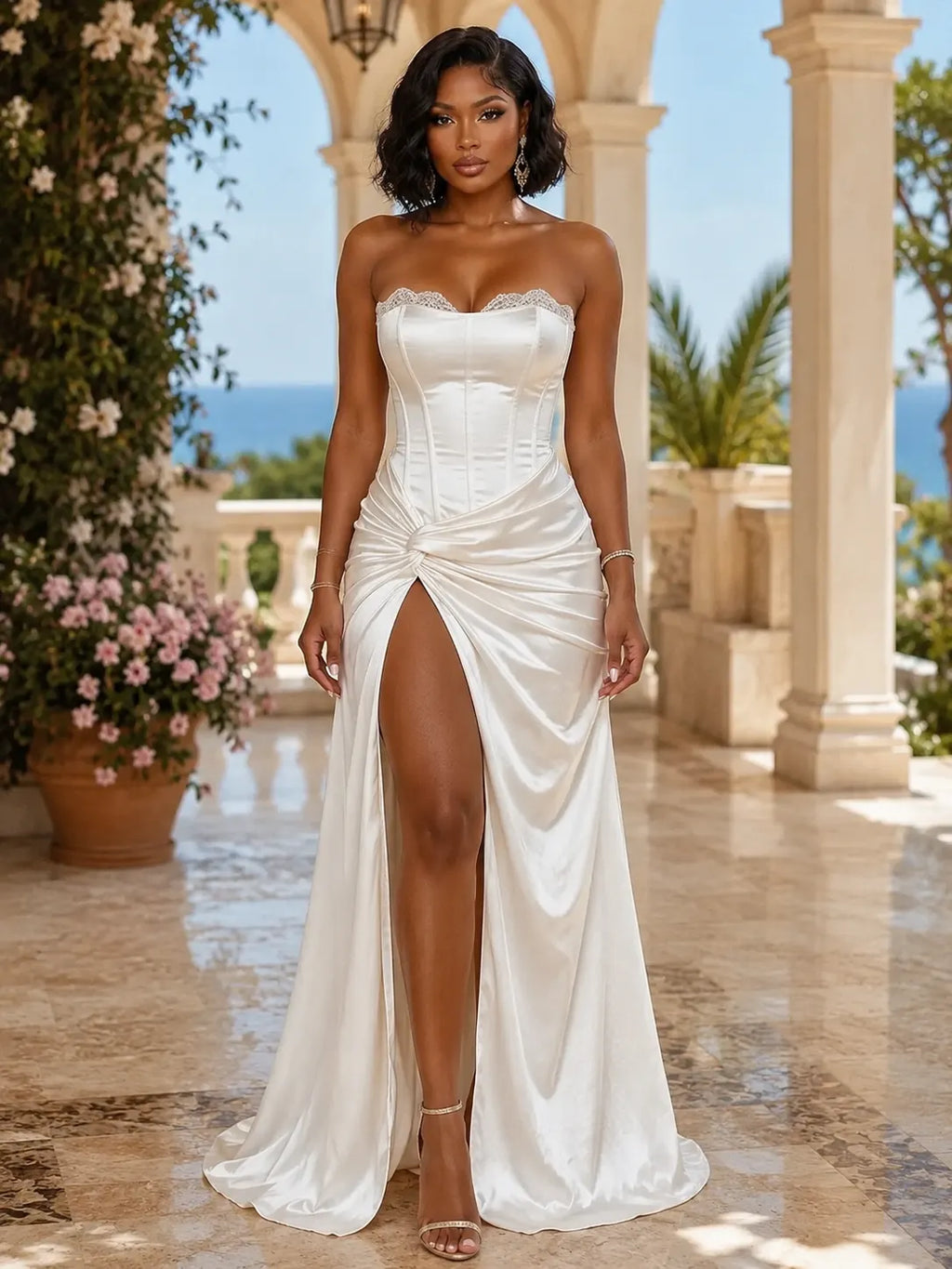 Strapless Lace Trim Knot Ruched Slit Cinch Waist Gowns Maxi Dresses-White