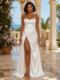 Strapless Lace Trim Knot Ruched Slit Cinch Waist Gowns Maxi Dresses-White