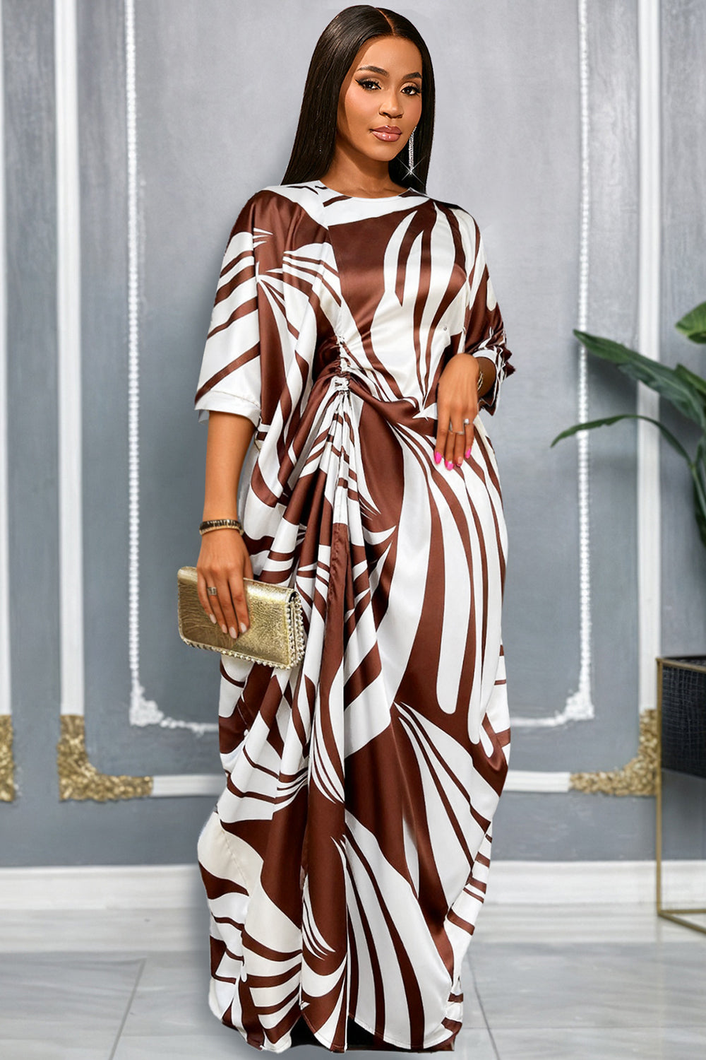 All Over Print Half Sleeve Ruched Top Elastic Waist Pants Matching Set-Brown