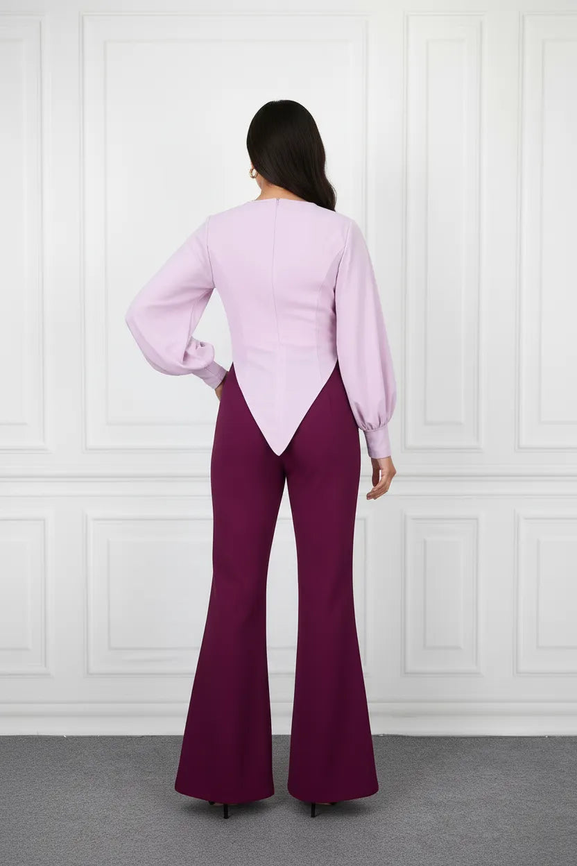 Two-Piece Lavender Puff Sleeve Top & Burgundy Flare Pants Set