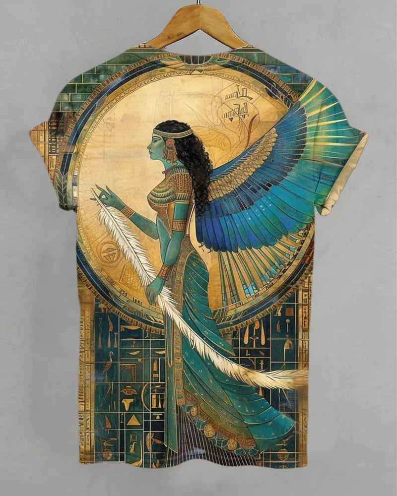 Egyptian Totem Winged Goddess Print Crew Neck Short Sleeve T-Shirt
