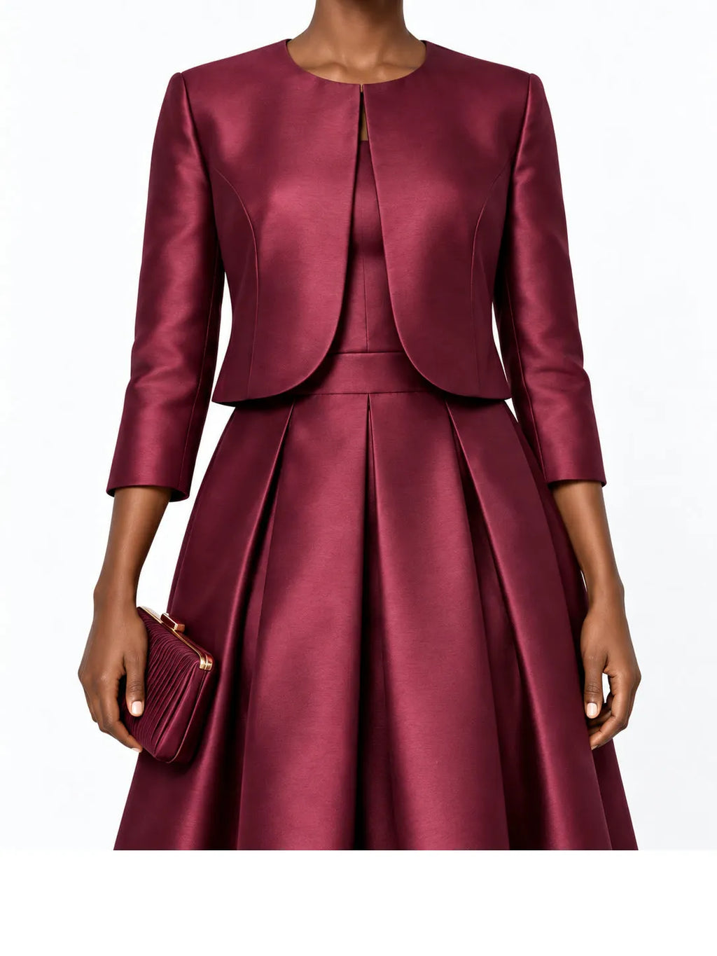 Burgundy Satin Cropped Jacket and Midi Skirt Set