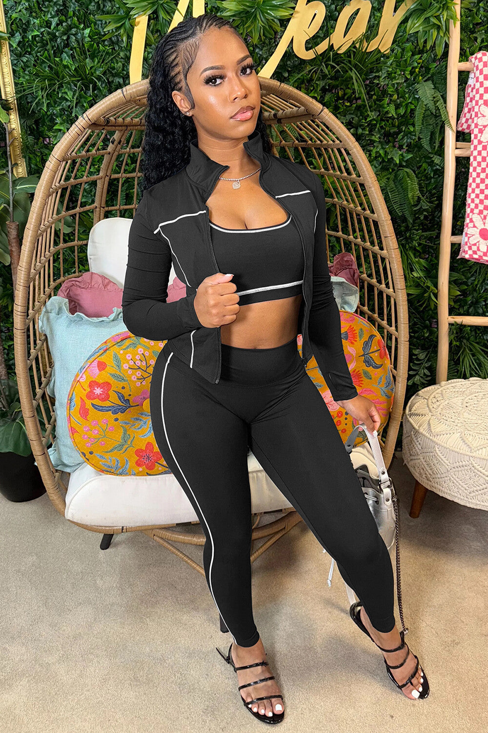 Colorblock Trim Track Jacket Crop Tank Top Leggings Casual 3pcs Set-Black