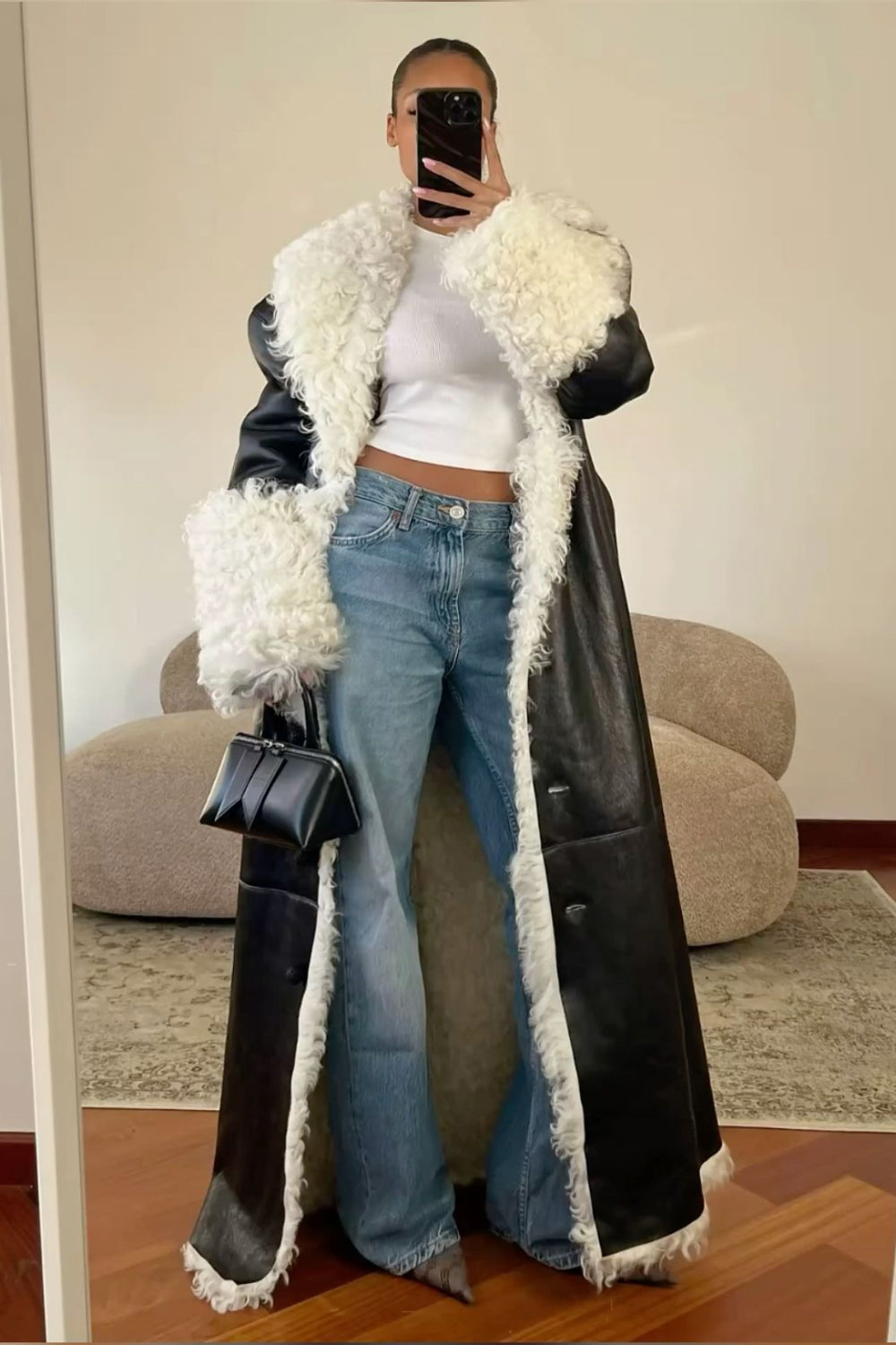 Lapel Collar Faux Fur Patchwork PU Floor Length Trench Coat-Black [Pre Order]