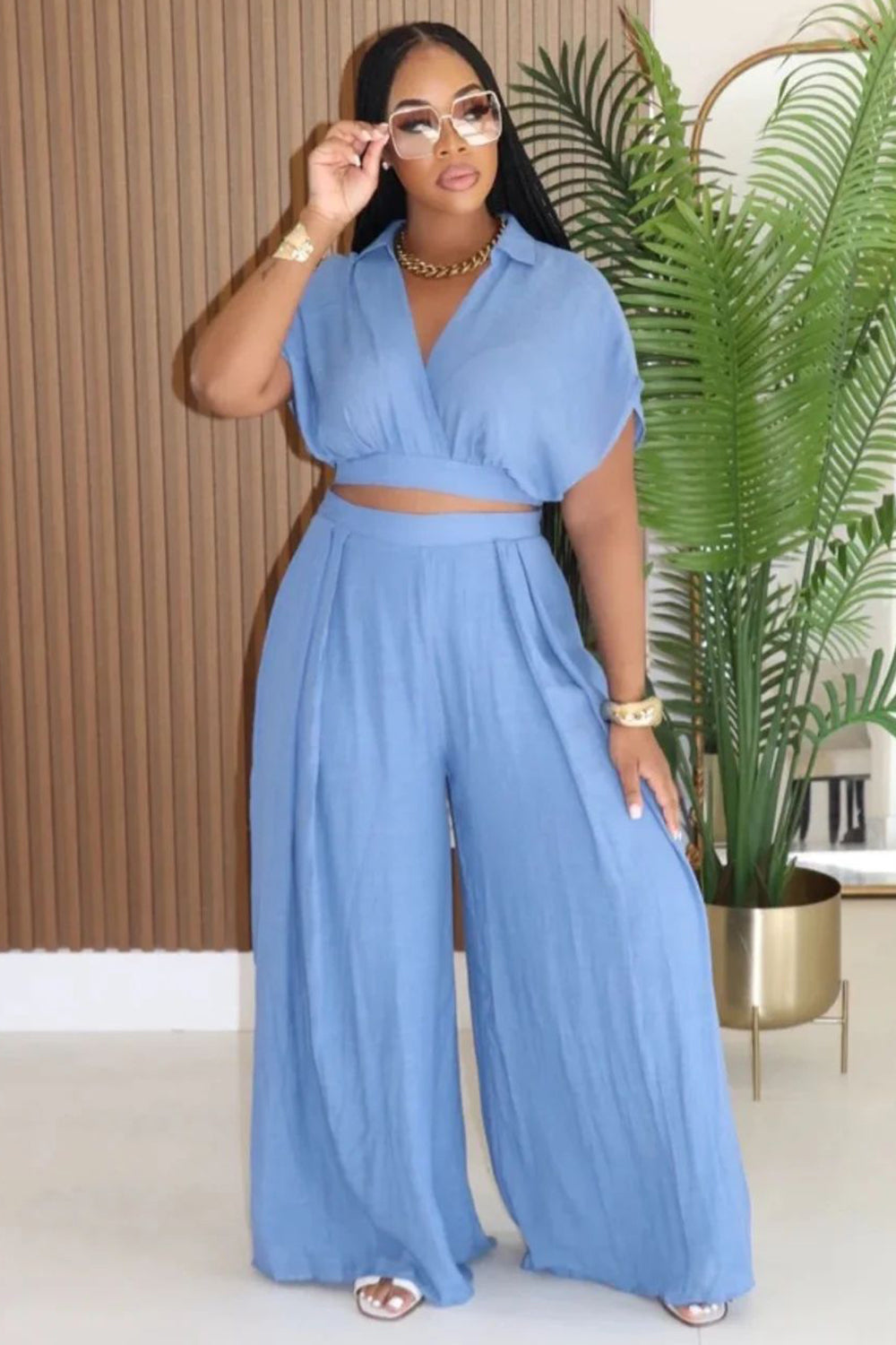 V Neck Dropped Shoulder Blouse Wide Leg Pants 2pcs Set-Pink [Pre Order]