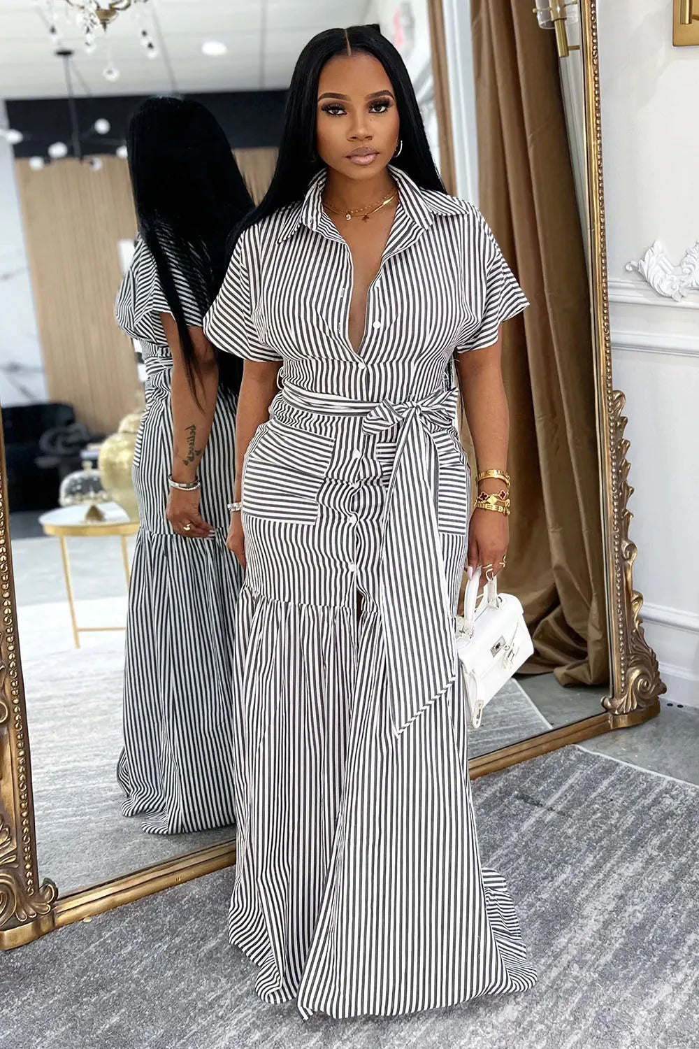Pinstripe Short Sleeve Quilted Vacation Maxi Shirt Dresses-Black [Pre Order]