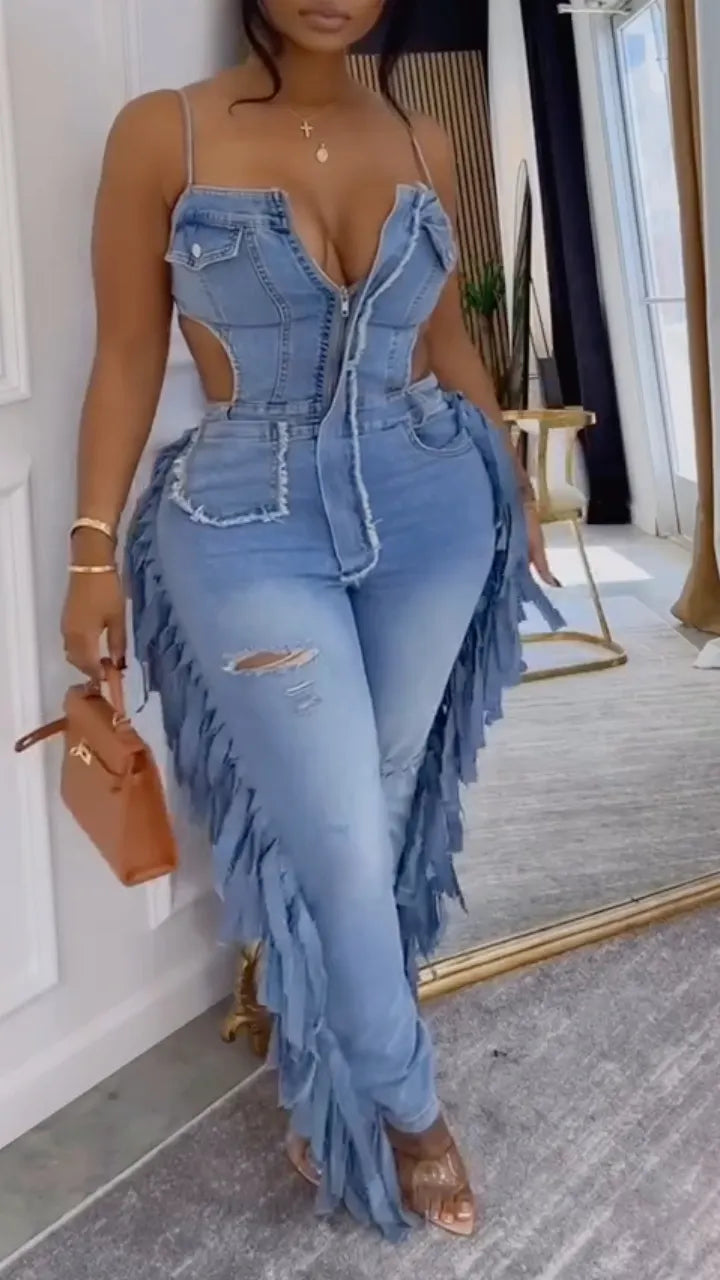 Womens Strappy Patchwork Sexy Casual Denim Jumpsuit