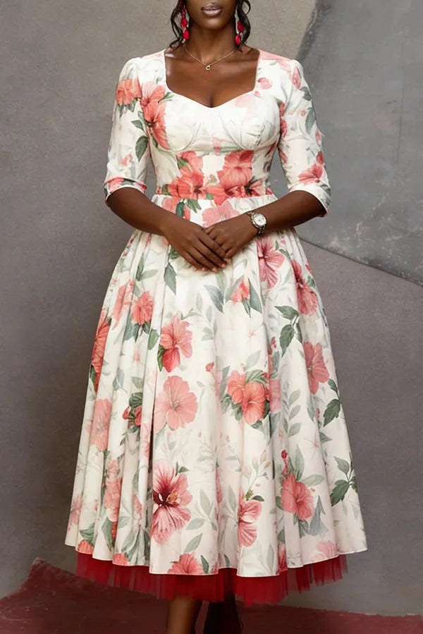 Elegant Floral Mesh Panelled Midi Dress