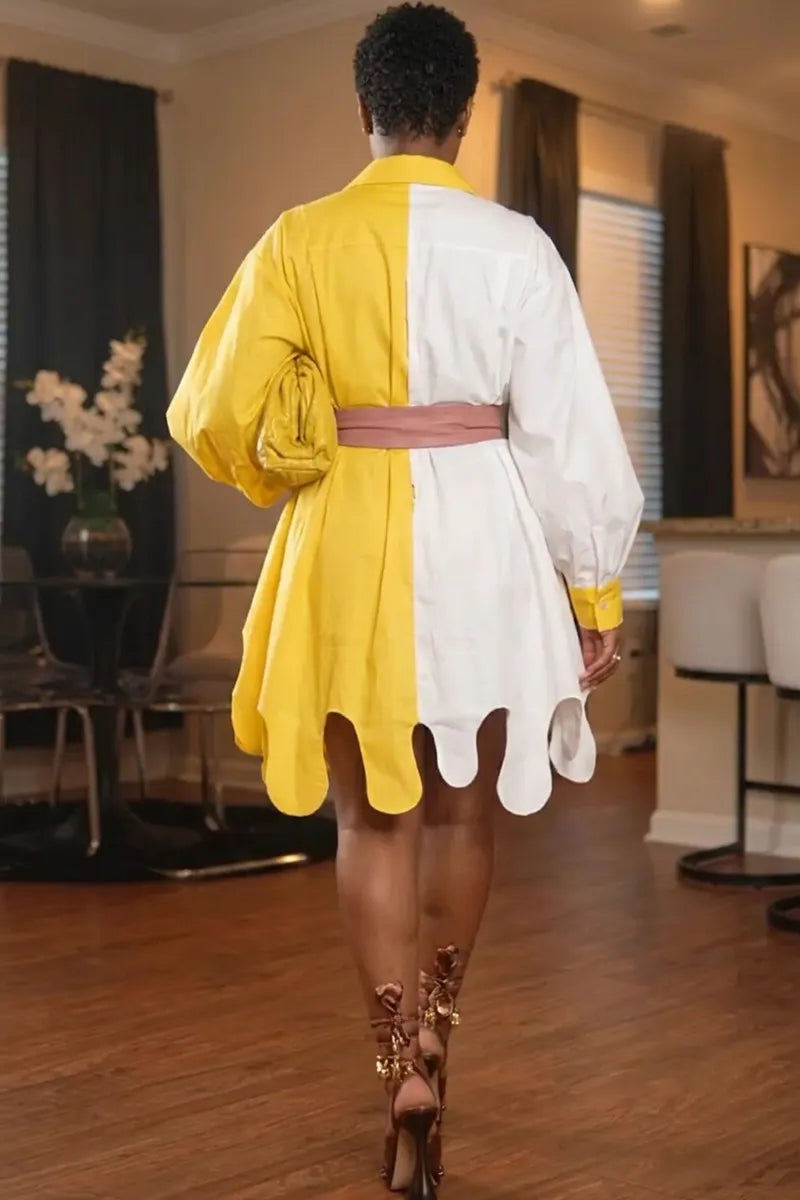 Ladies' Fashionable Bubble Sleeve Shirt With Contrasting Asymmetrical Hem Dress And Belt
