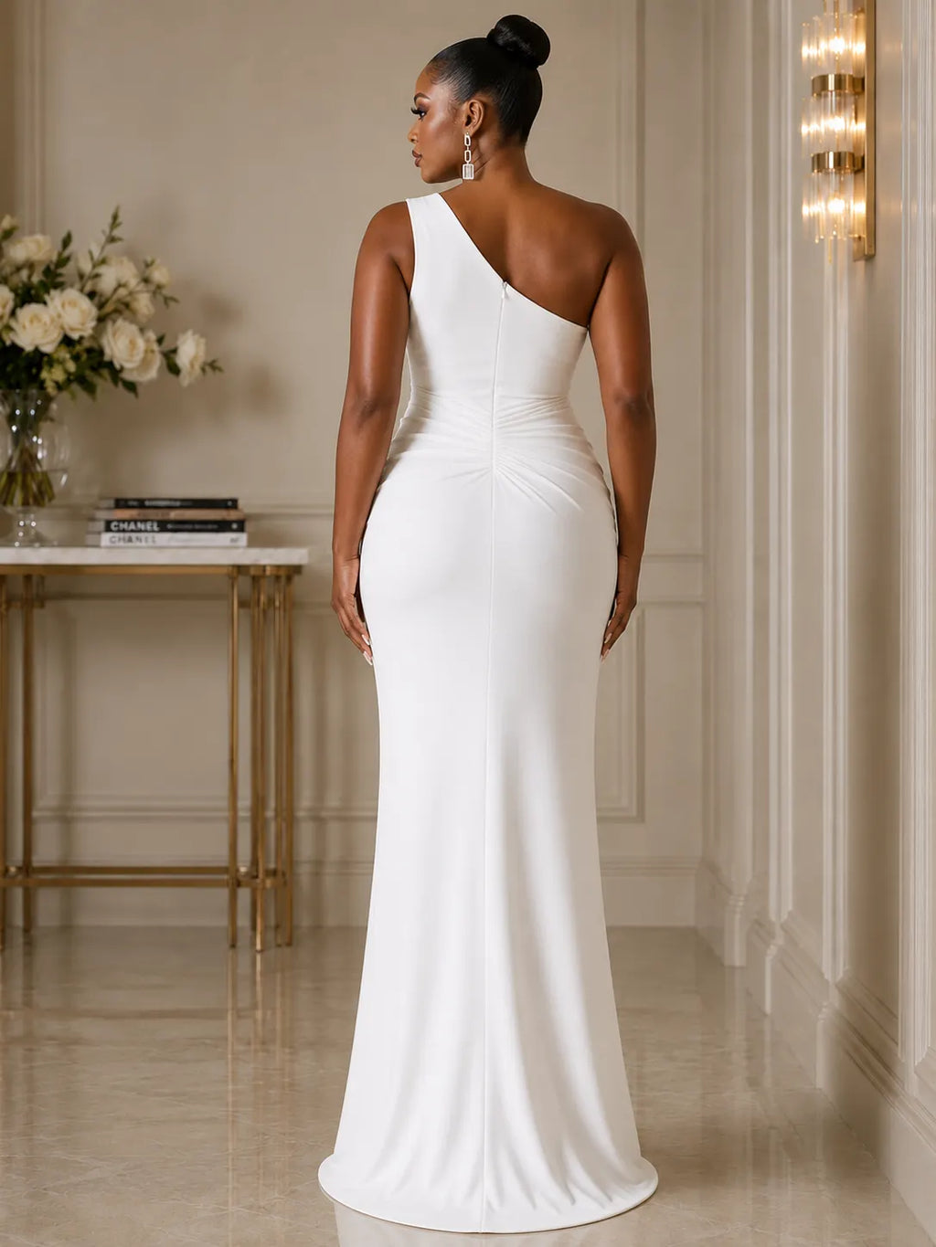 Oblique Collar Ruched 3D Floral Slit Slim Fit Maxi Dresses-White [Pre Order]