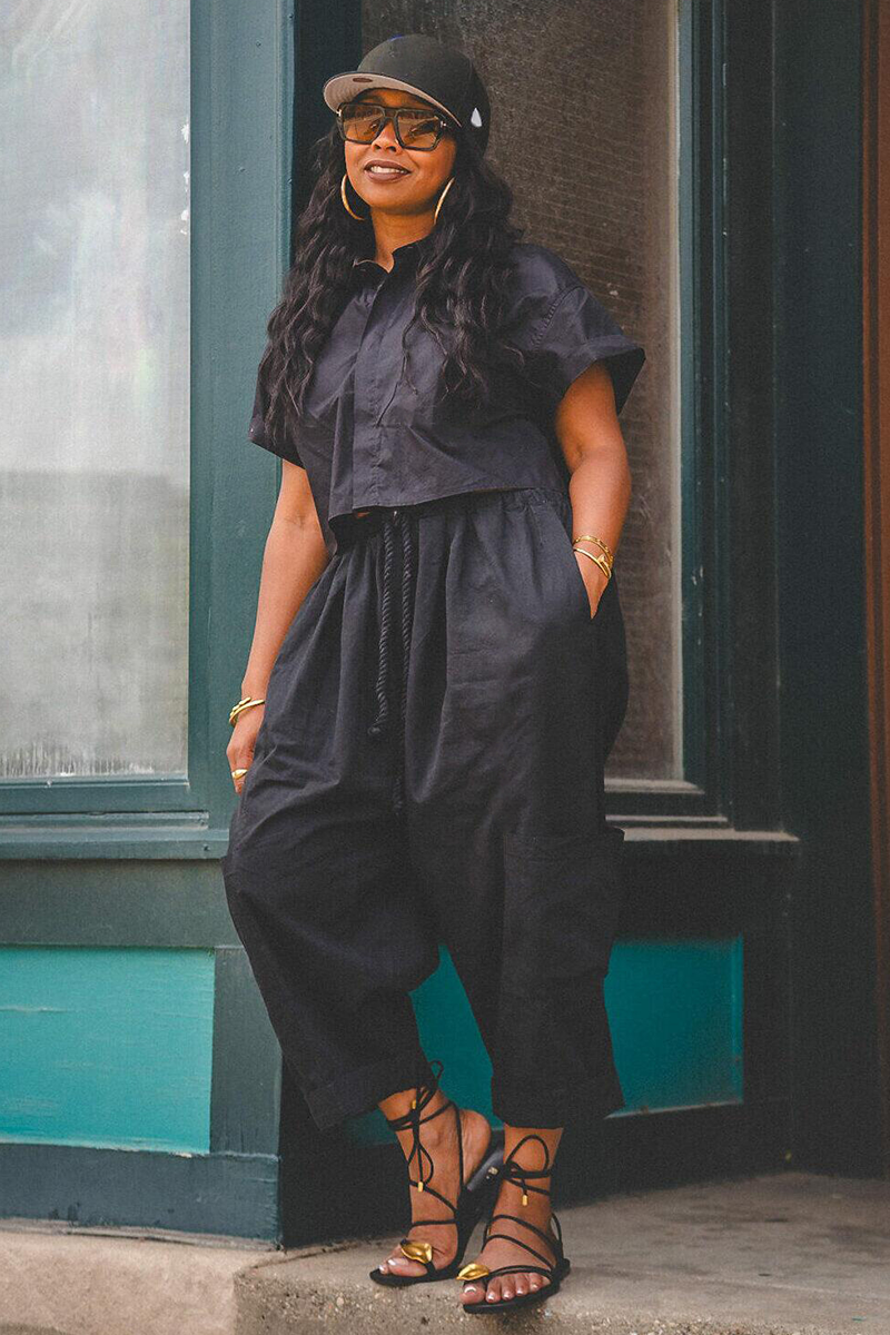 Short Sleeve Crop Blouse Pocket Wide Leg Pants Matching Set-Black
