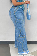 Oversize Pockets Denim High Waist Straight Leg Casual Jeans-Blue