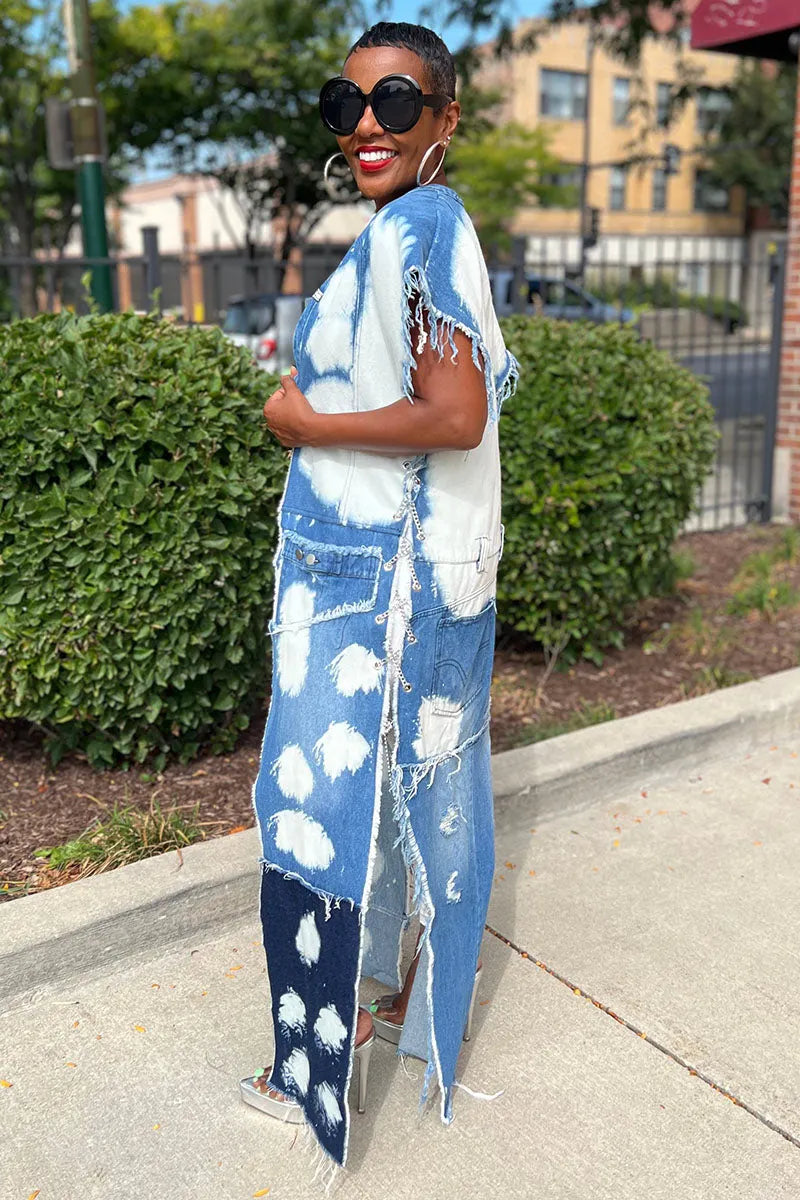 Denim Patchwork Sleeveless Raw Hem Ripped Slit Long Coat-Blue
