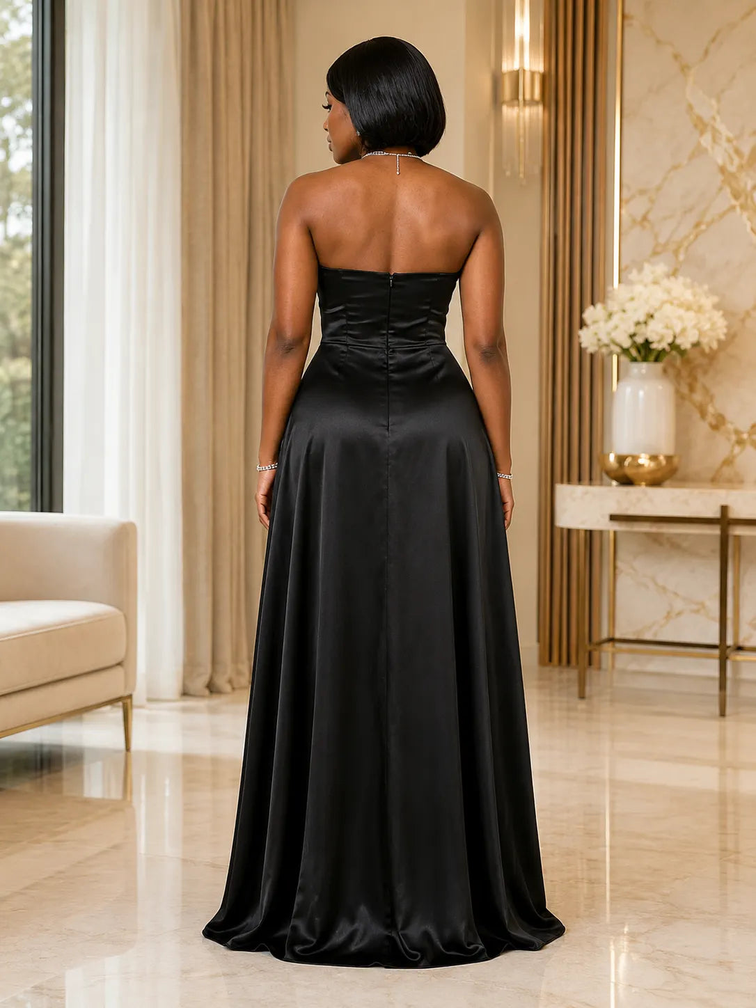 3D Rose Appliqué Strapless Satin Slit Gown