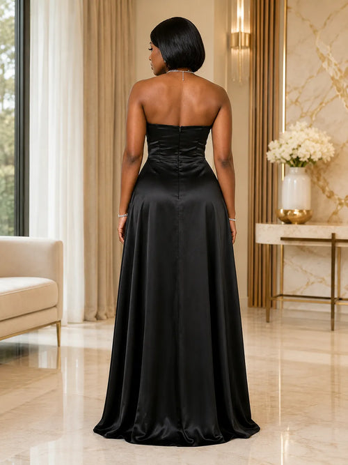 3D Rose Appliqué Strapless Satin Slit Gown