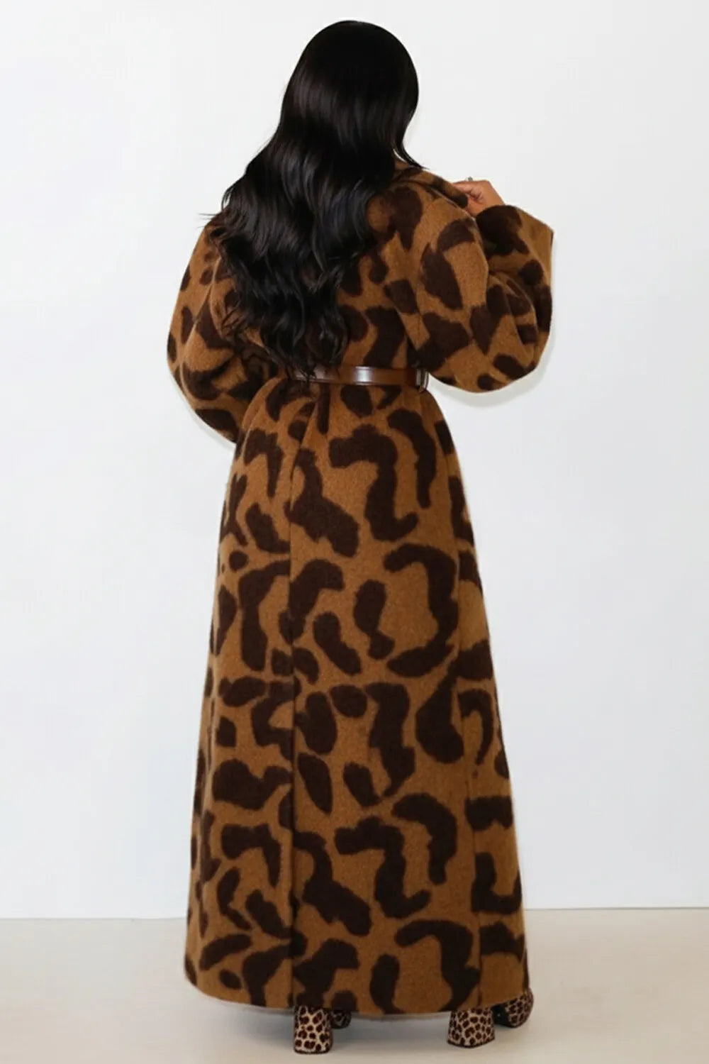 Leopard Pattern Long Sleeve Casual Woolen Overcoat-Brown [Pre Order]