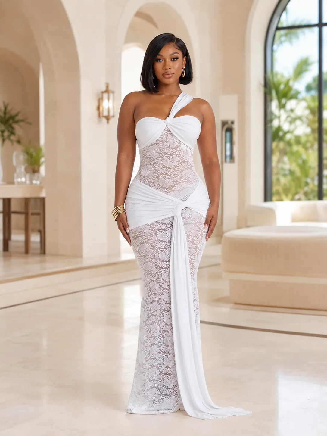 One Shoulder Floral Lace Knotted Sash Slim Fit Gowns Maxi Dresses