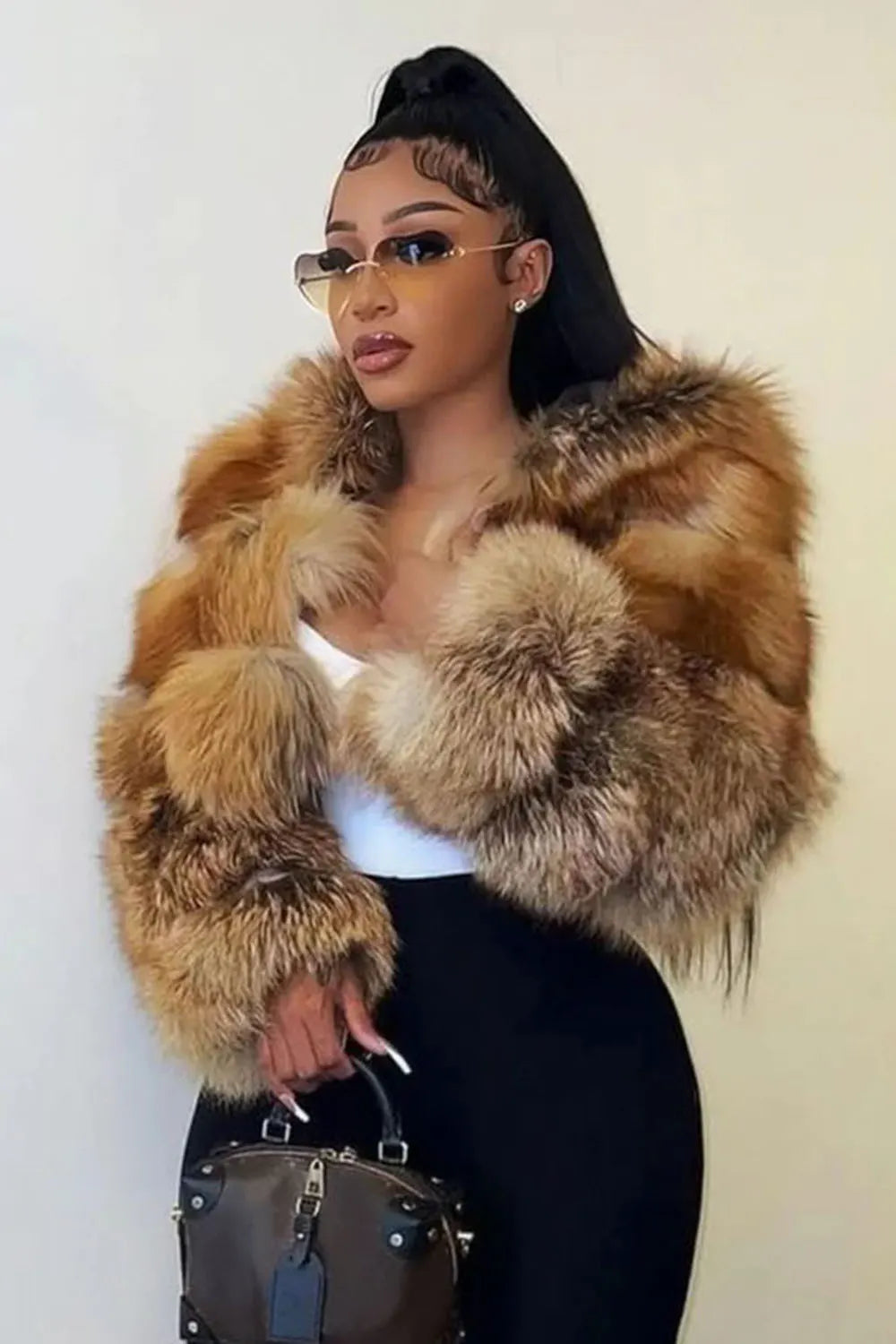 Long Sleeve Hooded Front Opened Quilted Faux Fur Crop Coat-Brown