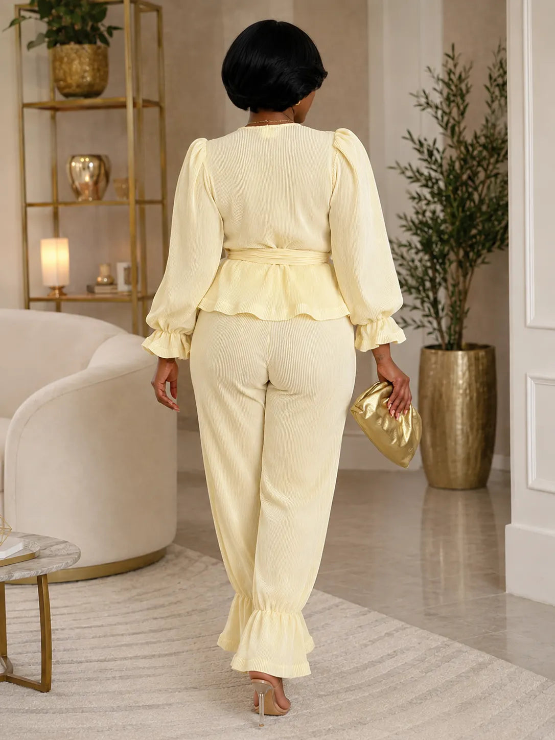 Ribbed V Neck Flare Sleeve Top Wide Leg Pants 2pcs Set