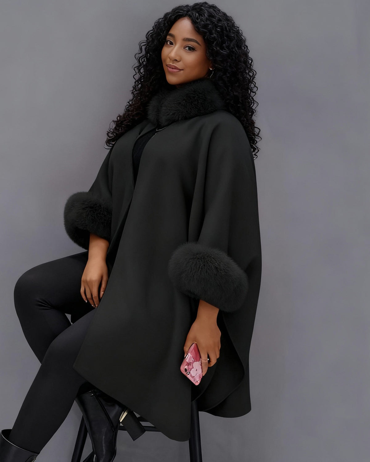 Autumn And Winter Large Rabbit Fur Collar Mid-length Woolen Coat Elegant Cape Shawl Hepburn Style Woolen Large Size Coat