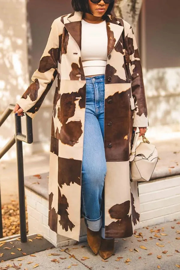 Stylish Lapel Neck Cow Print Coat