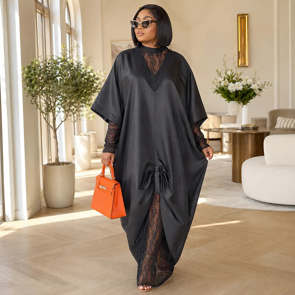 Lace V-Neck Kaftan Two-Piece Set with Tie-Front Overlay
