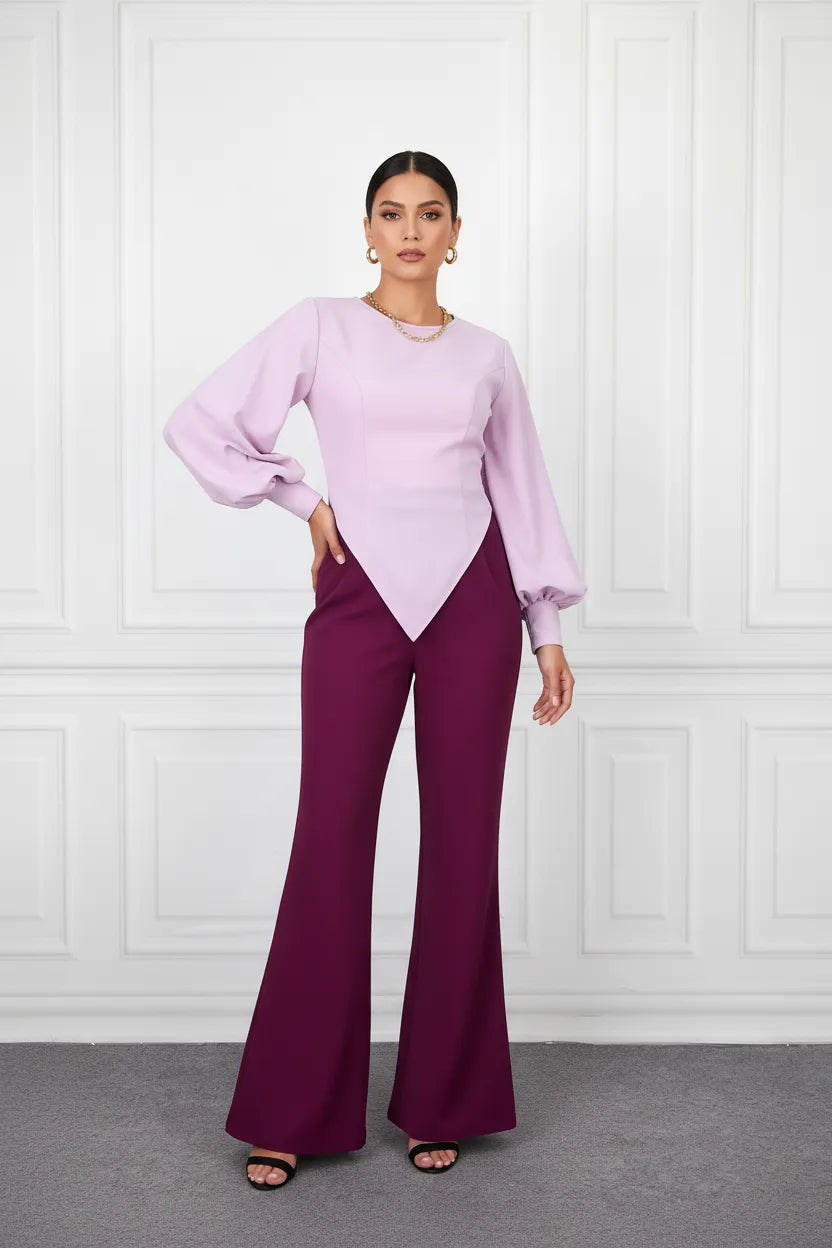 Two-Piece Lavender Puff Sleeve Top & Burgundy Flare Pants Set