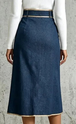 Denim Gold Grommet Midi Skirt