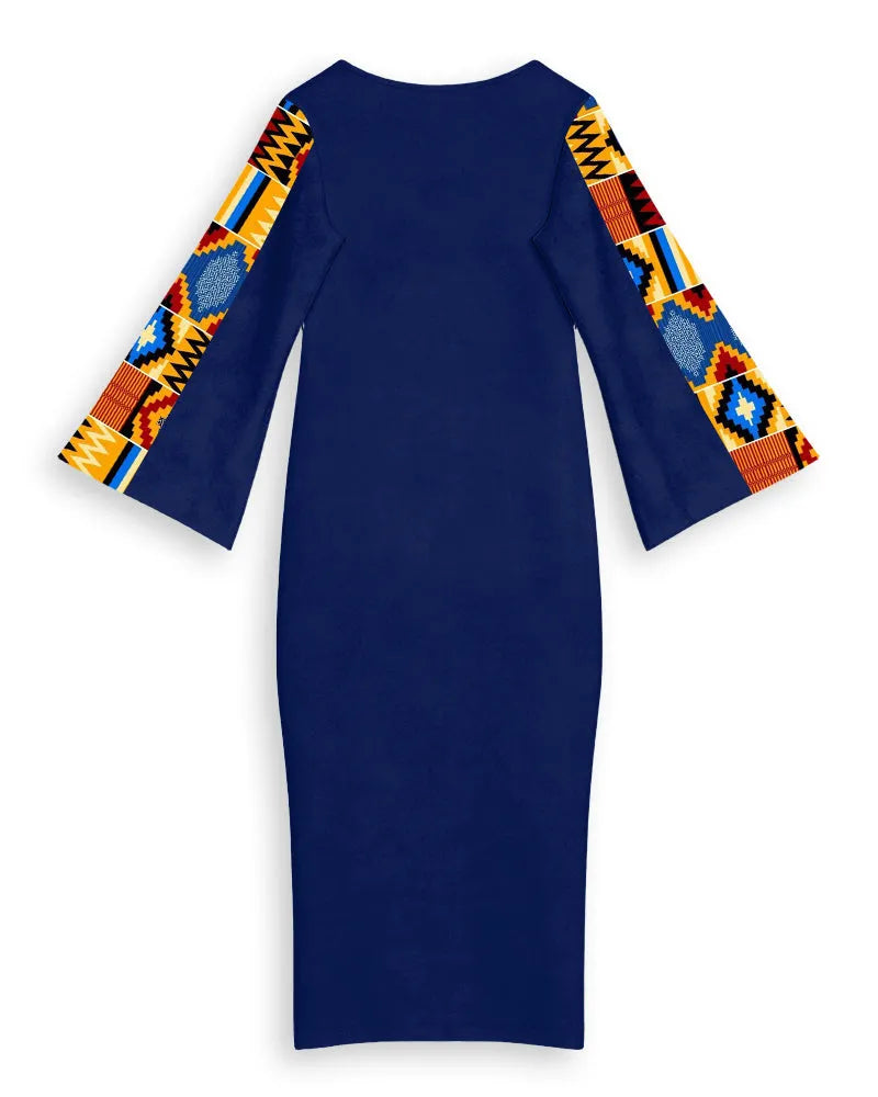 Ankara Printed Patchwork Round Neck Bell Sleeve Bodycon Long Dress