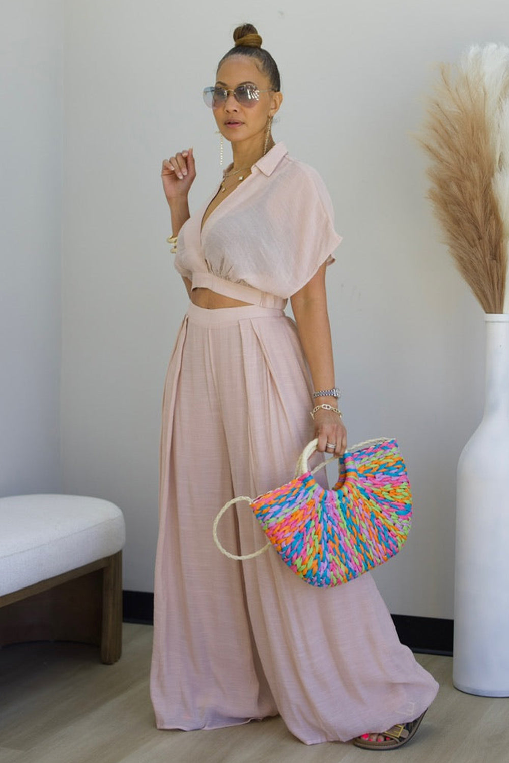 V Neck Dropped Shoulder Blouse Wide Leg Pants 2pcs Set-Pink [Pre Order]