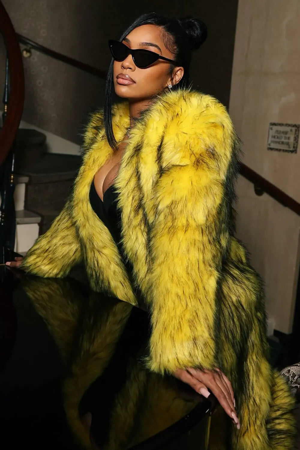 Faux Fur Long Sleeve Furry Overcoat-Yellow [Pre Order]