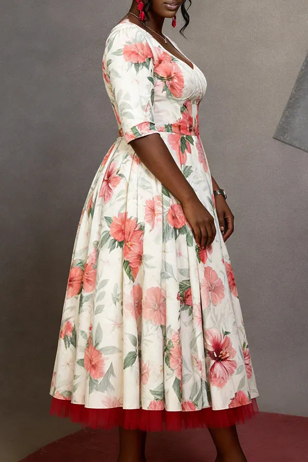 Elegant Floral Mesh Panelled Midi Dress