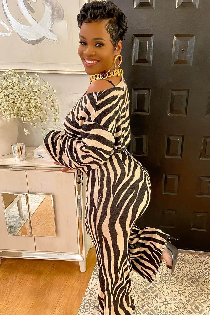 Zebra Print Strap Long Sleeve Knotted Top Pants Matching Set